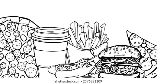 Fast Food Vector illustration. Horizontal banner with street food. Set from Paper Coffee Cup, Pizza, Burger, French fries and Hot dog sketch. Hand drawn Food outline. Menu template in Black and White