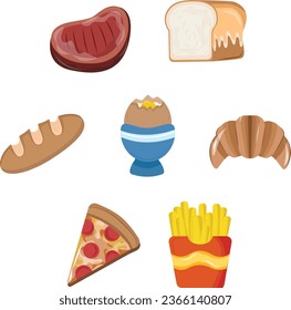 Fast Food Vector Illustration include sandwich, burger, bread, hot dog, cheese, noodle, pizza, french fries, steak, fry chicken
