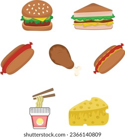 Fast Food Vector Illustration include sandwich, burger, bread, hot dog, cheese, noodle, pizza, french fries, steak, fry chicken