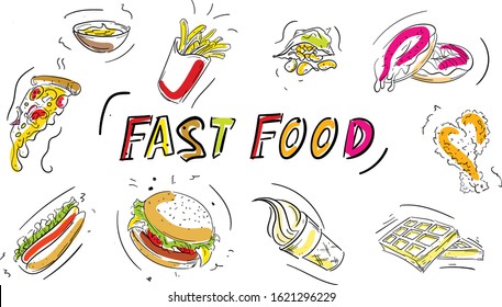 Fast Food vector illustration. Junk food vector drawing, french fries, hamburger, ice cream, waffles, pizza, nuggets graphic vector art, Set of food icons