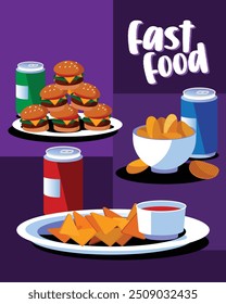 Ilustración vectorial de comida rápida. Comida chatarra con bebidas frías. Hamburguesas, patatas fritas y aperitivos.