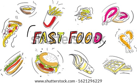 Fast Food vector illustration. Junk food vector drawing, french fries, hamburger, ice cream, waffles, pizza, nuggets graphic vector art, Set of food icons
