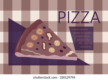 Fast food vector illustration with pizza. Design elements for print, web, and other uses. Colorful stylish fast food icon on colored background with place for text and caption.