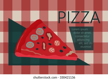 Fast food vector illustration with pizza. Design elements for print, web, and other uses. Colorful stylish fast food icon on colored background with place for text and caption.