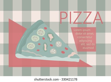 Fast food vector illustration with pizza. Design elements for print, web, and other uses. Colorful stylish fast food icon on colored background with place for text and caption.