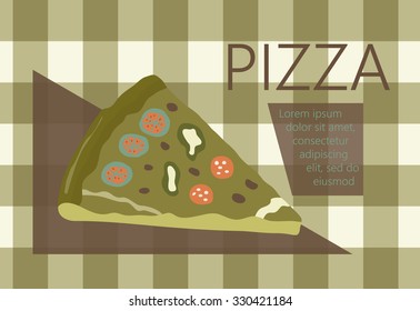 Fast food vector illustration with pizza. Design elements for print, web, and other uses. Colorful stylish fast food icon on colored background with place for text and caption.