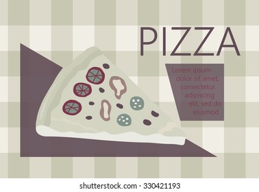 Fast food vector illustration with pizza. Design elements for print, web, and other uses. Colorful stylish fast food icon on colored background with place for text and caption.