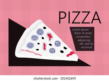 Fast food vector illustration with pizza. Design elements for print, web, and other uses. Colorful stylish fast food icon on colored background with place for text and caption.
