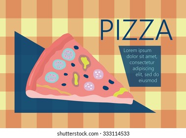 Fast food vector illustration with pizza. Design elements for print, web, and other uses. Colorful stylish fast food icon on colored background with place for text and caption.