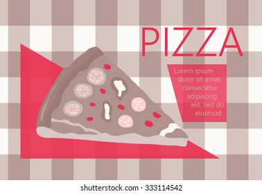 Fast food vector illustration with pizza. Design elements for print, web, and other uses. Colorful stylish fast food icon on colored background with place for text and caption.