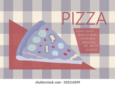 Fast food vector illustration with pizza. Design elements for print, web, and other uses. Colorful stylish fast food icon on colored background with place for text and caption.
