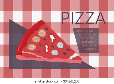 Fast food vector illustration with pizza. Design elements for print, web, and other uses. Colorful stylish fast food icon on colored background with place for text and caption.