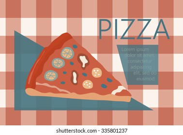 Fast food vector illustration with pizza. Design elements for print, web, and other uses. Colorful stylish fast food icon on colored background with place for text and caption.