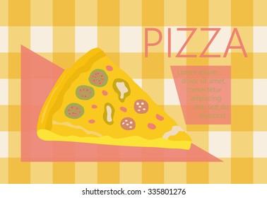 Fast food vector illustration with pizza. Design elements for print, web, and other uses. Colorful stylish fast food icon on colored background with place for text and caption.