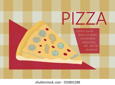 Fast food vector illustration with pizza. Design elements for print, web, and other uses. Colorful stylish fast food icon on colored background with place for text and caption.