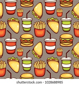 Fast Food vector illustration. Seamless pattern with cola, hamburgers, sandwiches and french fries. Design for takeout menu and logo, template for wrapping paper and textile. Colorful design.