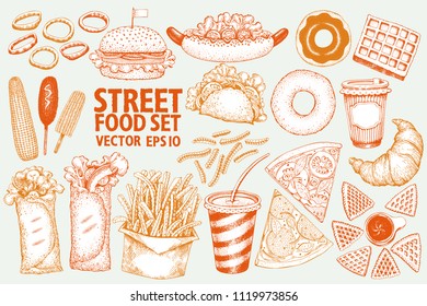 Fast food vector illustration set. Hand drawn street food. Can be use for fast food restaurant or cafe menu or packaging design.