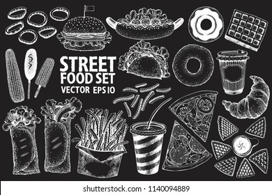 Fast food vector illustration set. Hand drawn retro street food on chalk board. Can be use for fast food restaurant or cafe menu or packaging design.