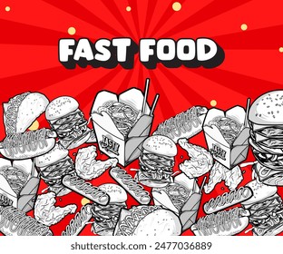 Fast-Food-Vektorillustration. Ein Set von handgezeichneten Fast Food Hintergrundillustrationen