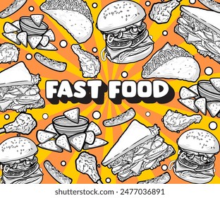 Fast food vector illustration. A Set of hand drawn fast food background illustrations