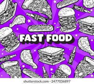 Fast food vector illustration. A Set of hand drawn fast food background illustrations