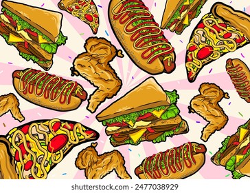 Fast food vector illustration. A Set of hand drawn fast food background illustrations 