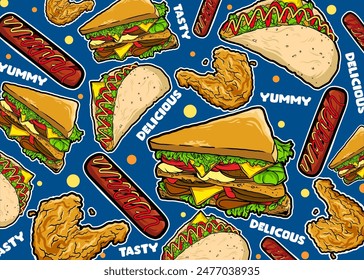 Fast food vector illustration. A Set of hand drawn fast food background illustrations 