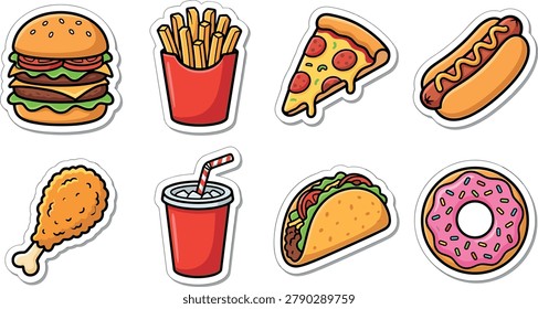 Fast food vector illustration set with burger, fries, pizza slice, hot dog, fried chicken, soda, taco, and donut for menus and apps