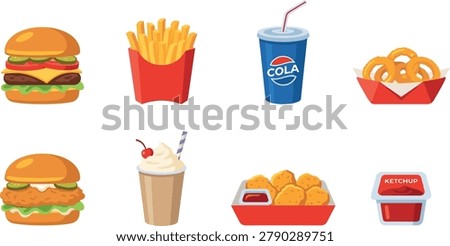 Fast food vector illustration set with burger, fries, soda, onion rings, chicken burger, milkshake, chicken nuggets, and ketchup for menus