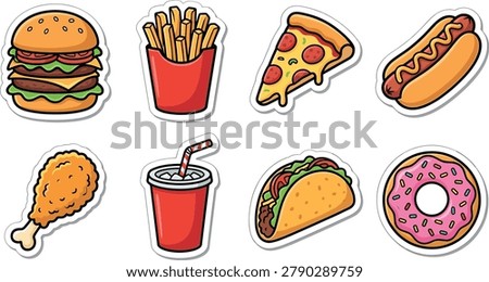 Fast food vector illustration set with burger, fries, pizza slice, hot dog, fried chicken, soda, taco, and donut for menus and apps