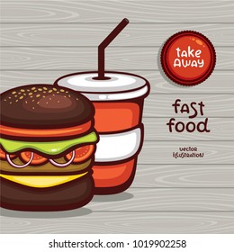 Fast food vector illustration. Takeaway meal. Black hamburger and cola on light wood background. Menu design.