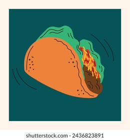 ilustración vectorial de comida rápida en estilo groovy de dibujos animados de moda, elemento de diseño de menú, pancarta, póster, tacos de carne