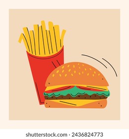 fast food vector illustration in trendy cartoon style, menu design elements, banner, poster, burger, cheeseburger, french fries, 