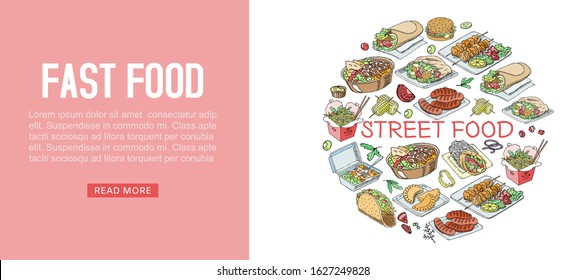 Fast food vector illustration web banner. Fast food hamburger dinner in cafe or restaurant, tasty set fast food. Street junk meal and unhealthy fast food cartoon style. Hotdog, hamburger and popcorn.