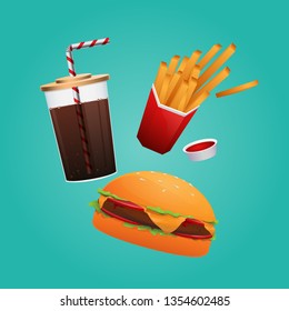 Fast food vector illustration.Cheeseburger, french fries and beverage vector banner