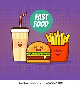 Fast food vector illustration.Funny cola,burger and french fries in cartoon style on a violet background.