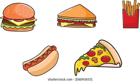 fast food vector ilustration. burger, sandwitch, fried potato, hotdog, pizza 