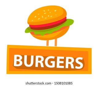 Fast food vector, isolated burger icon flat style. Bun with sesame and lettuce salad leaves and tomato, meat and stuffing. Burgers logo with text. Tasty filling meal snack. Flat cartoon