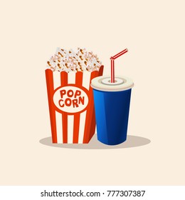 Fast food vector isolated illustration. Fresh pop corn and soda drink. Cinema set