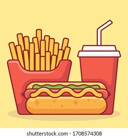 Vector de comida rápida aislado en el fondo amarillo. Ilustración de comida basura