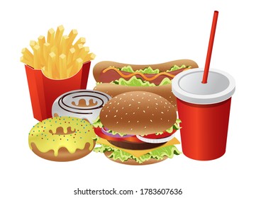 Fast food vector isolated on white background. cheese burger, hotdog, donuts, french fries and soft drink cup. realistic style vector illustration