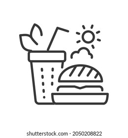 Fast food - vector line design single isolated icon on white background. High quality black pictogram. Simple summer takeaways. Cold drink in a glass with a straw and a juicy hamburger with crust
