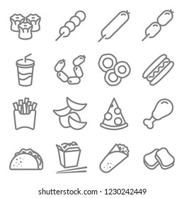 Fast food vector line icon set. Including Chinese noodle box, Taco, nuggets, chips, Rolls, Soft drink and more