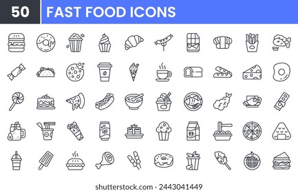 Fast food vector line icon set. Contain linear outline icons like Burger, Donuts, Popcorn, Bakery, Cupcake, Croissant, Ice Cream, Candy, Lollipop, Cake, Sandwich, Pizza, Taco. Editable use and stroke.