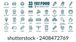 Fast food vector line icons set. Burger, donut, french fries, hot dog, kabab, pizza, ice cream, pizza vector illustrations. Thin signs for restaurant menu. Pixel perfect 64x64. Editable Strokes 
