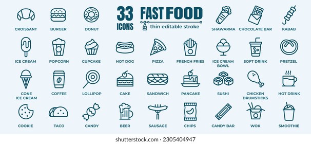 Fast food vector line icons set. Burger, donut, french fries, hot dog, kabab, pizza, ice cream, pizza vector illustrations. Thin signs for restaurant menu. Pixel perfect 64x64. Editable Strokes 