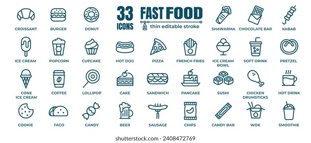 Schnelles Fastfood-Vektorgrafik-Symbol gesetzt. Burger, Donut, Pommes frites, Hot Dog, Kabab, Pizza, Eis, Pizza, Vektorgrafiken. Dünne Schilder für die Speisekarte des Restaurants. Pixel perfekt 64x64. Bearbeitbare Schlaganfälle 