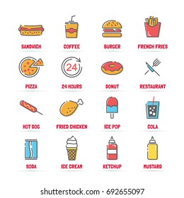 fast food vector line icons with flat colors, minimal pictogram design, editable stroke for any resolution