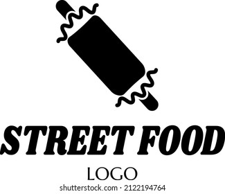 fast food vector logo sticker with text and french hot dog. label with lettering for words STREET FOOD. badge, emblem, signboard. french hot-dog symbol. unique junk food logo design concept and idea. 