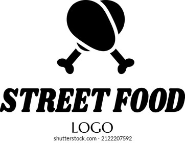fast food vector logo sticker with text and chicken drumstick. label with lettering for words STREET FOOD. badge, emblem, signboard. fried chicken symbol. unique junk food logo design concept and idea